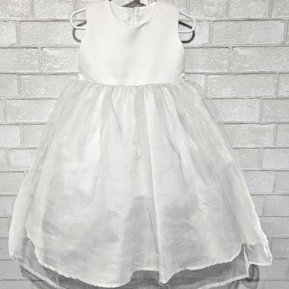 David's Bridal Flower Girl Dress 4T White Satin Tulle Wedding Communion